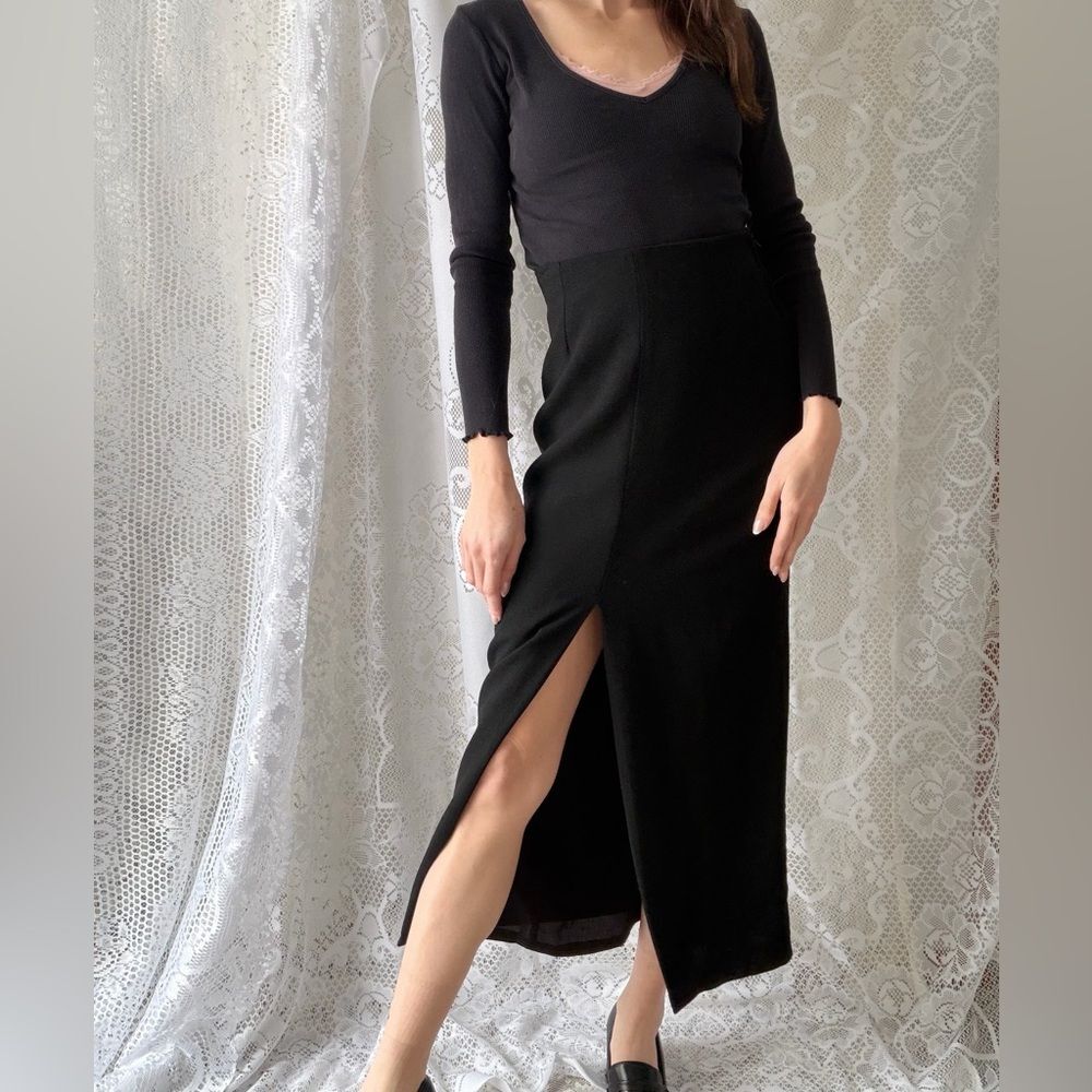 Vintage 90s Black Worsted Wool Midi Skirt Gantos Made In USA - Picture 7 of 9